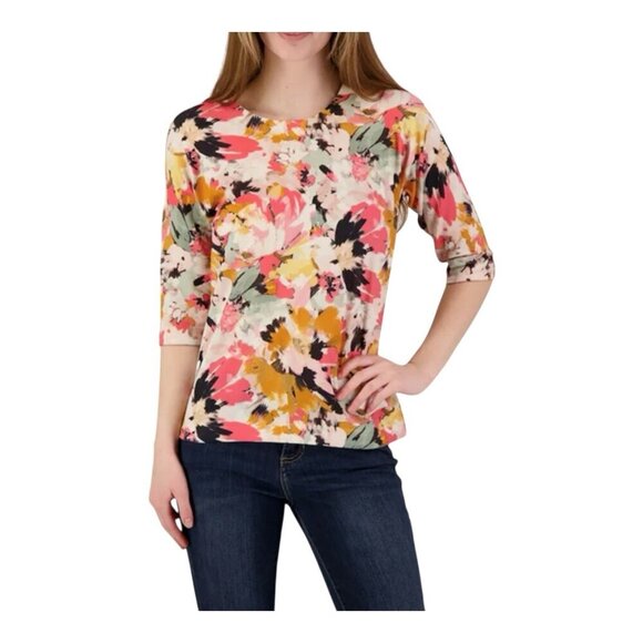 Nally And Millie Abstract Floral Top Size Small 3/4 Sleeves USA Soft Knit Crew - Picture 1 of 8